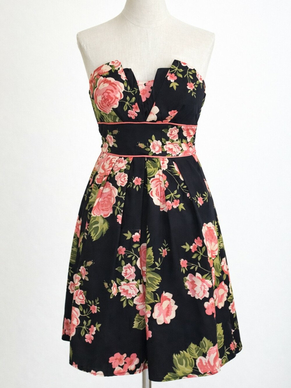 Vintage 90's Strapless Black Coral Pink Floral Dress Romantic Cottagecore | XS - Picture 1 of 12